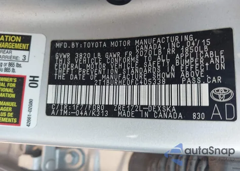 2015 Toyota Corolla S Plus z USA, uszkodzony, nr VIN 2T1BURHE0FC405338